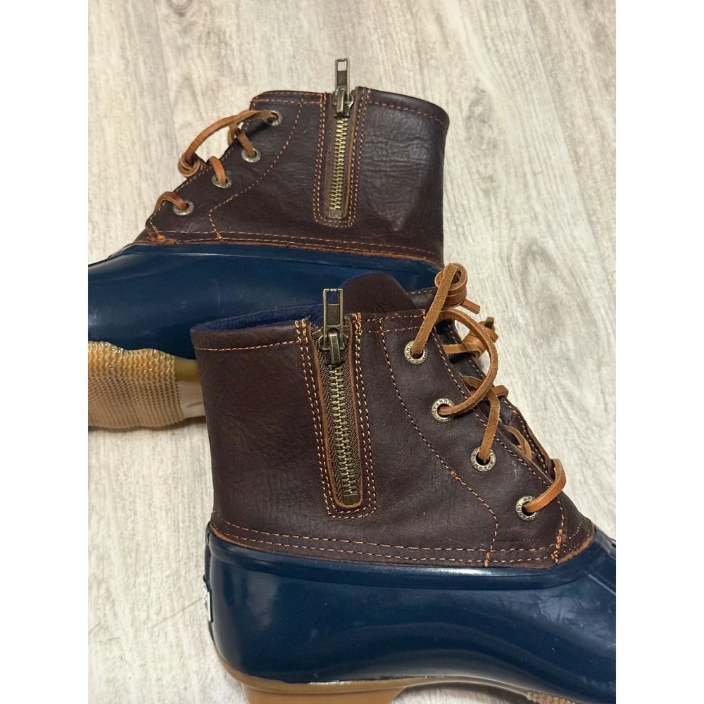 Sperry Saltwater Duck Boots Womens 7.5 Navy‎ Brown Leather Waterproof STS91175